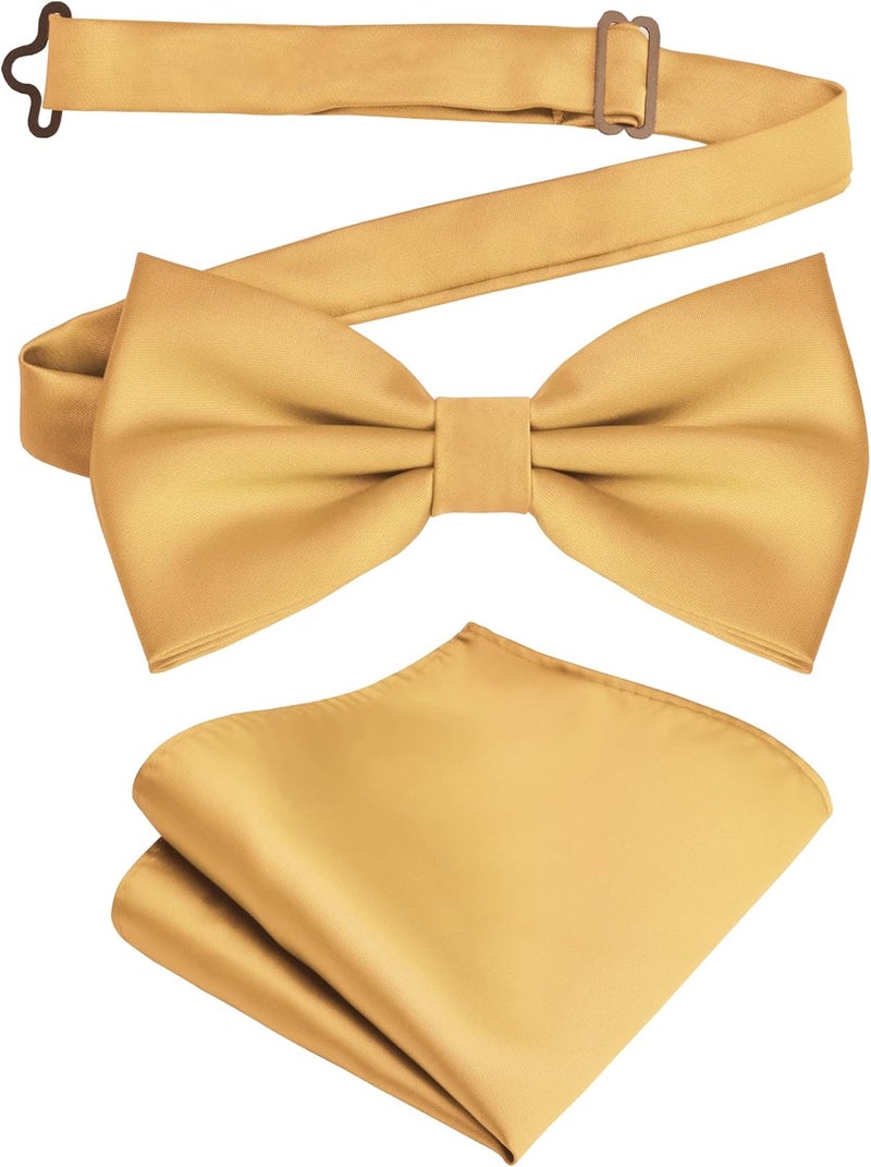 Branduce Mens Solid Color Double Fold Pre-tied Bow Tie and Pocket Square Set - Image 1
